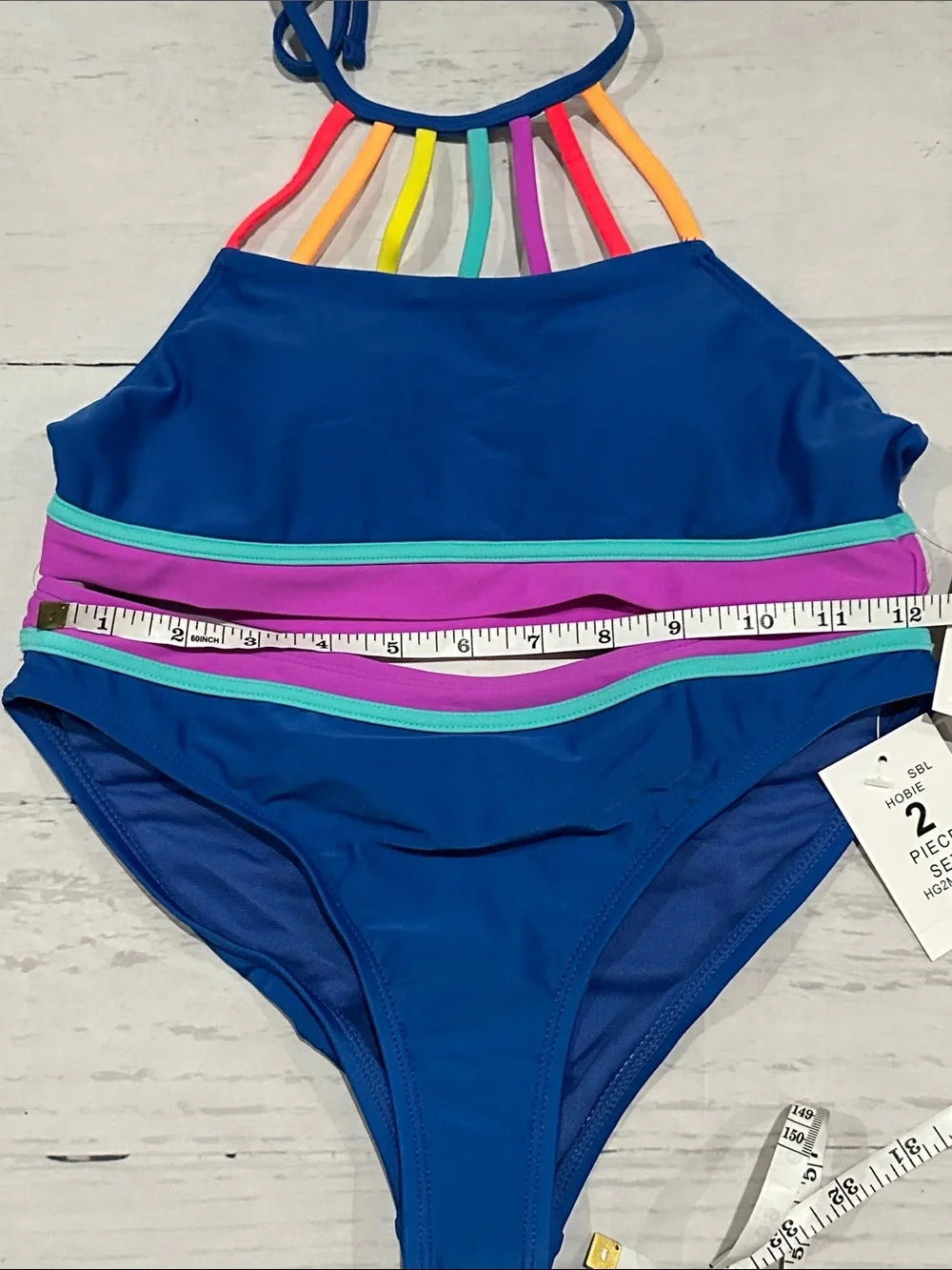 Hobie Blue High-Neck Bikini with Rainbow Strap Accents size 14 2 piece